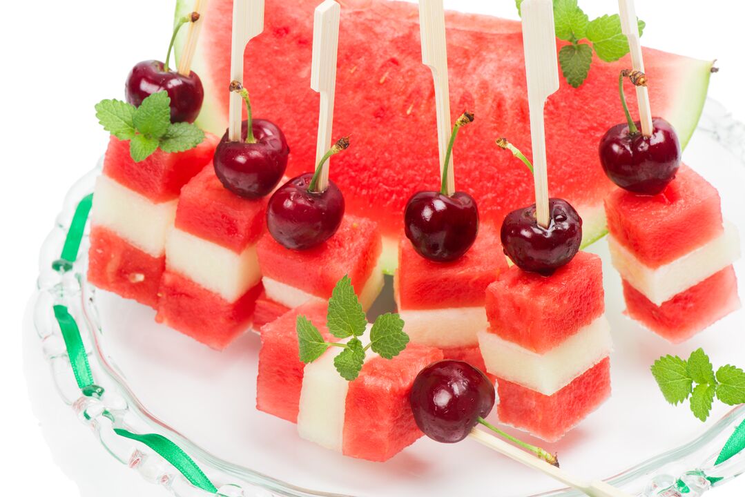 Watermelon, melon and cherry canapes - a spicy dessert from the diet